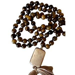 Boho Chic Long Tassel Pendant Necklace Tiger Eye Beads Agatized Coral Fossil
